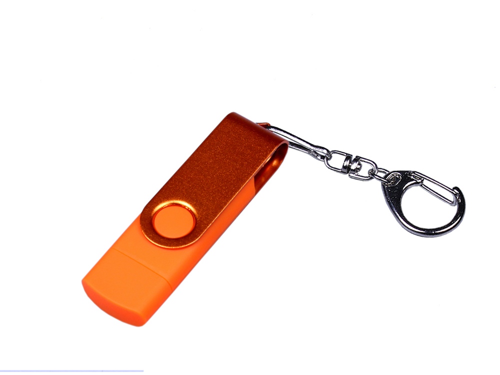 USB-флешка на 32 Гб 3 в 1 поворотный механизм, c двумя дополнительными разъемами MicroUSB и TypeC C с одноцветным металлическим клипом, оранжевый-0
