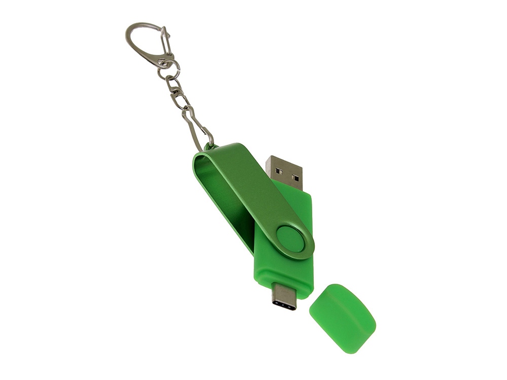 USB-флешка на 128 Гб 2 в 1 поворотный механизм, c дополнительным разъемом Type-C с одноцветным металлическим клипом, зеленый-3