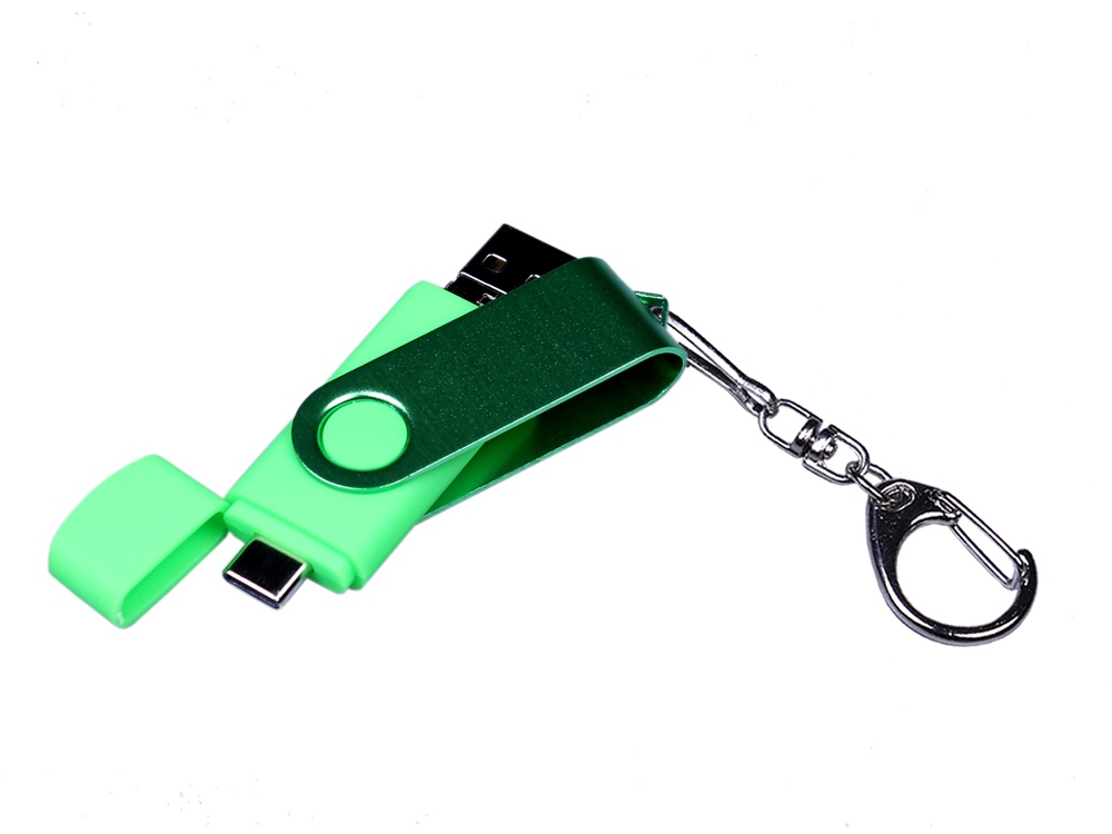 USB-флешка на 16 Гб 3 в 1 поворотный механизм, c двумя дополнительными разъемами MicroUSB и TypeC C с одноцветным металлическим клипом, зеленый-3