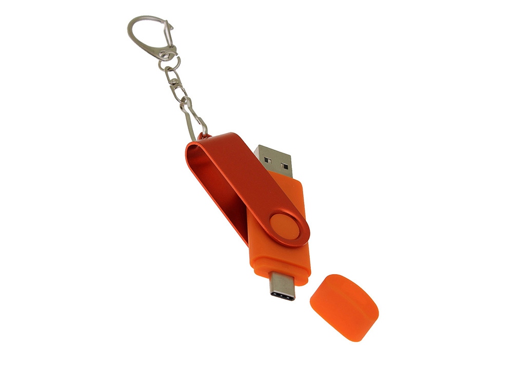 USB-флешка на 256 Гб 2 в 1 поворотный механизм, c дополнительным разъемом Type-C с одноцветным металлическим клипом, оранжевый-3