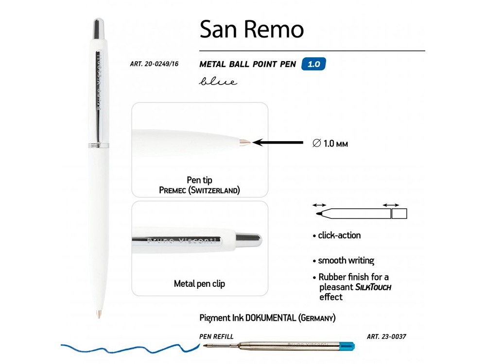 Ручка SAN REMO шариковая, автоматическая, белый металлический корпус 1.00 мм, синяя-2