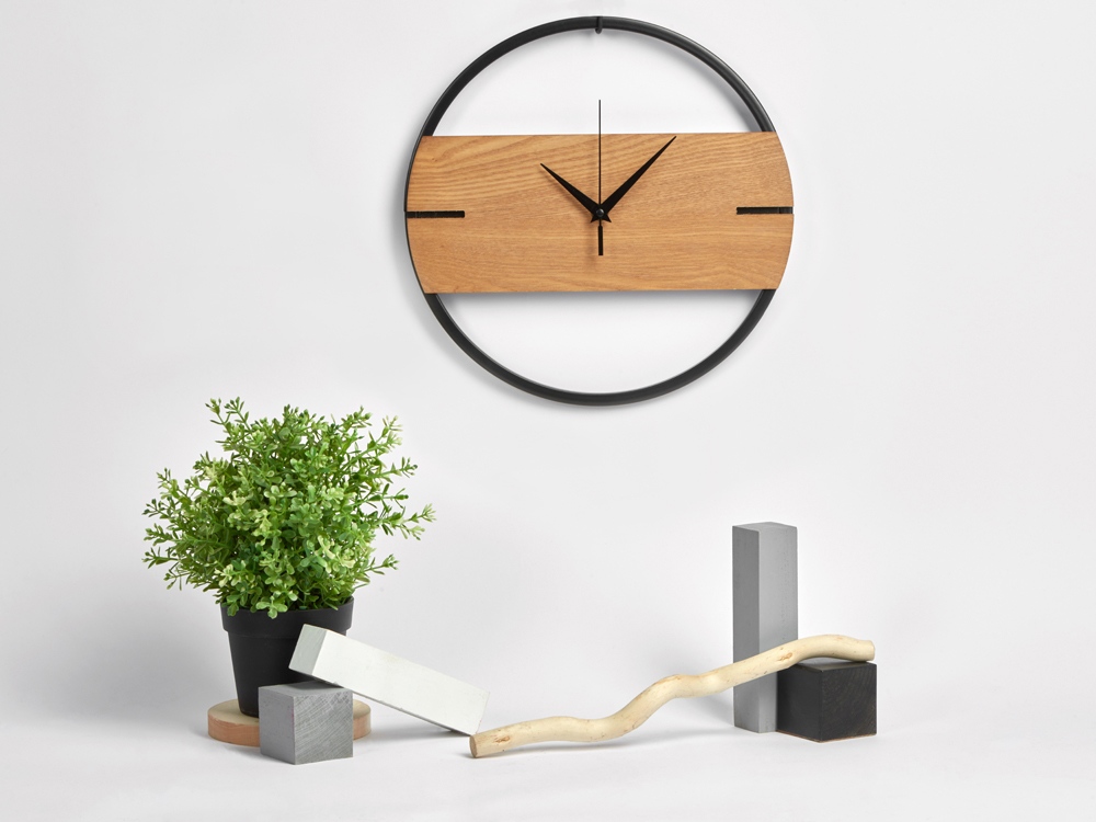 Деревянные часы с металлическим ободом, диаметр 30 см, Time Wheel горизонтальные, натуральный/черн-5