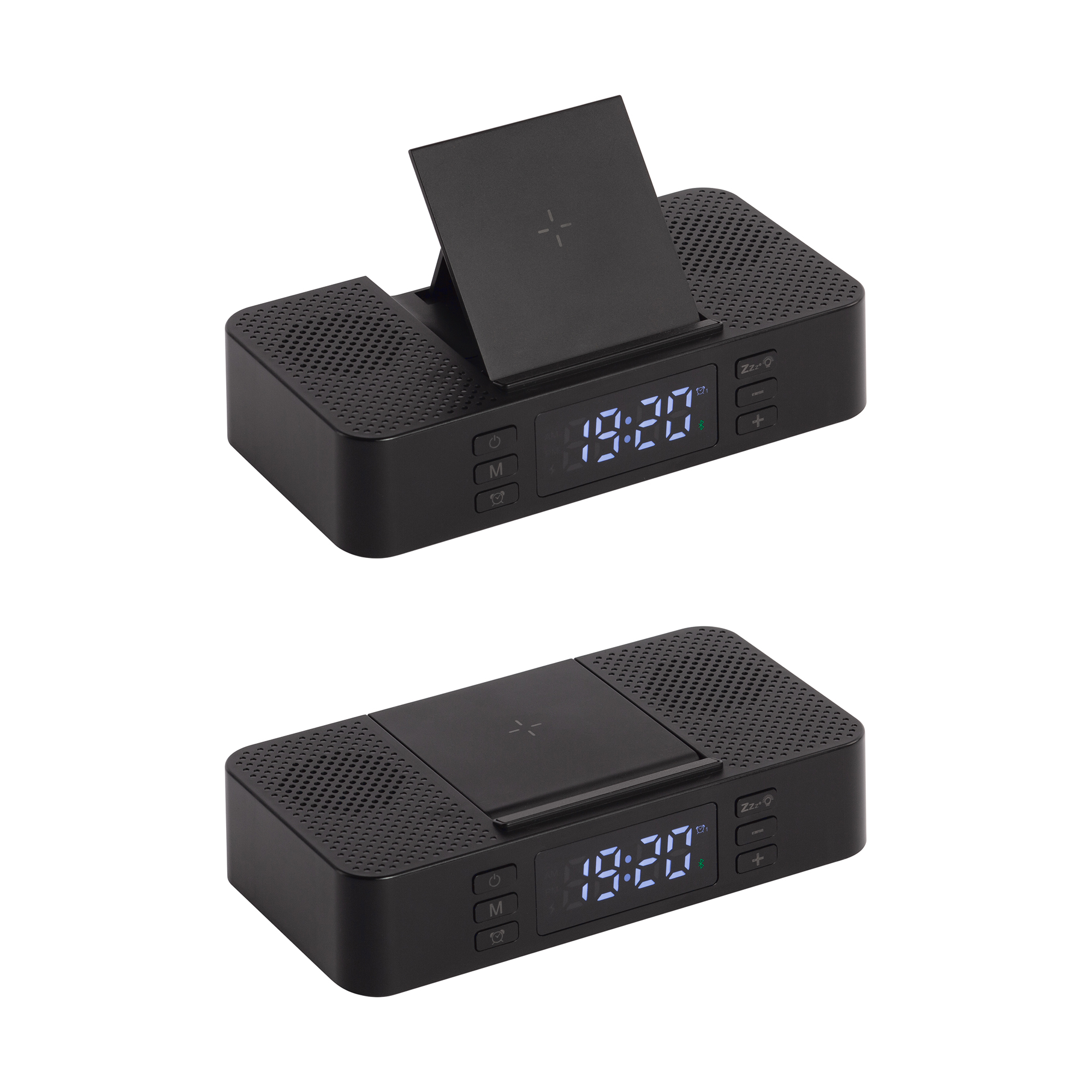 Настольные часы "Smart Box" с bluetooth колонкой (2х3Вт), беспроводным (15W) зарядным устройством и складной подставкой под смартфон-0