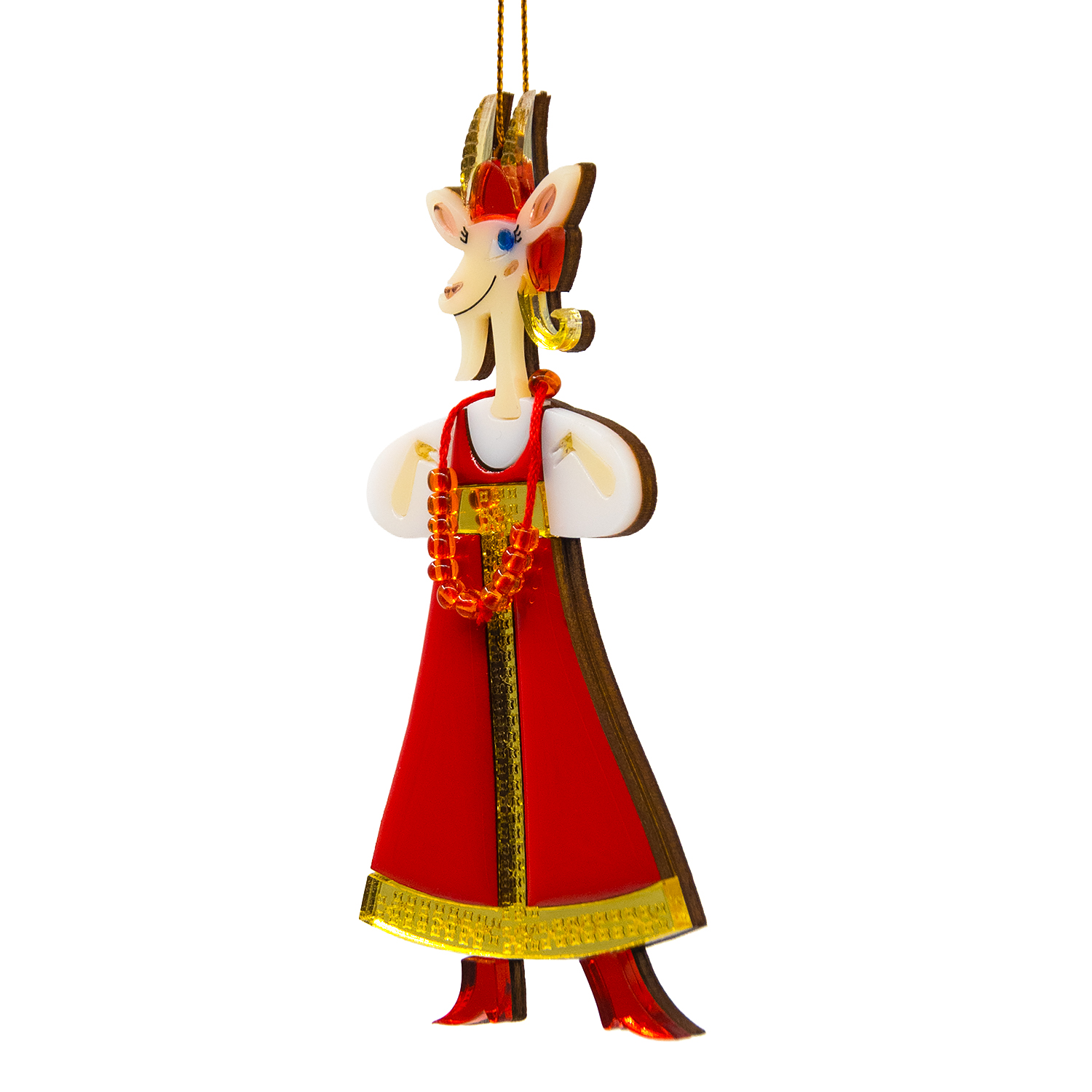 Ёлочная игрушка Коза в сарафане (красный с белым)-2