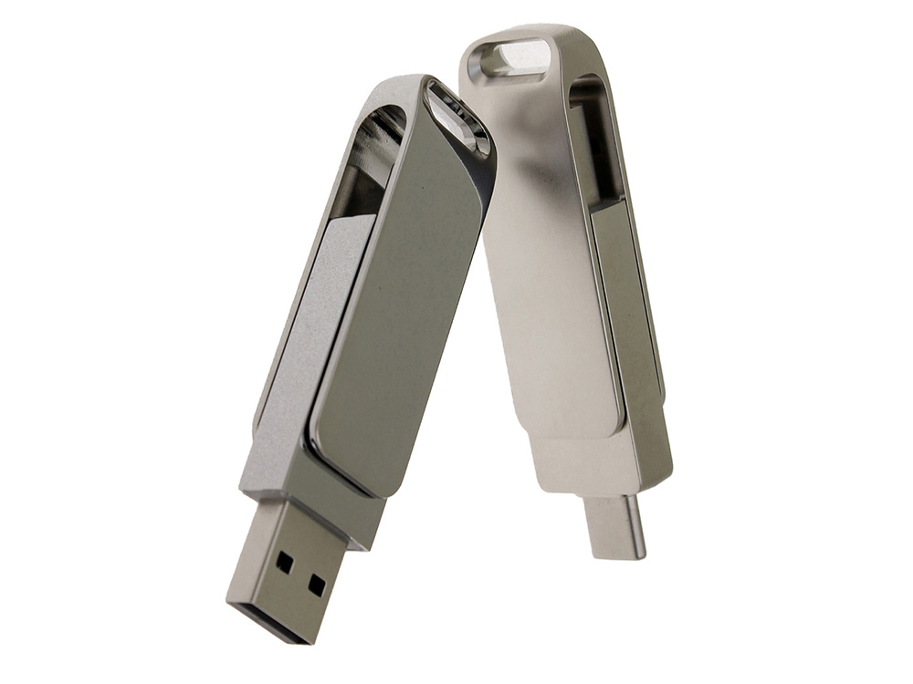 USB 2.0- флешка на 32 Гб поворотный механизм 2 в 1, c дополнительным разъемом Type-C с одноцветным металлическим клипом, серебристый-3