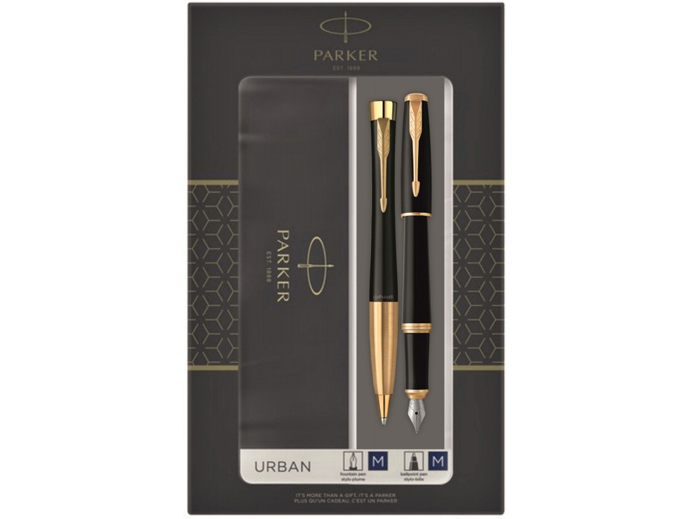 Подарочный набор из 2-х ручек Parker URBAN Muted black GT перьевая и шариковая ручки-0
