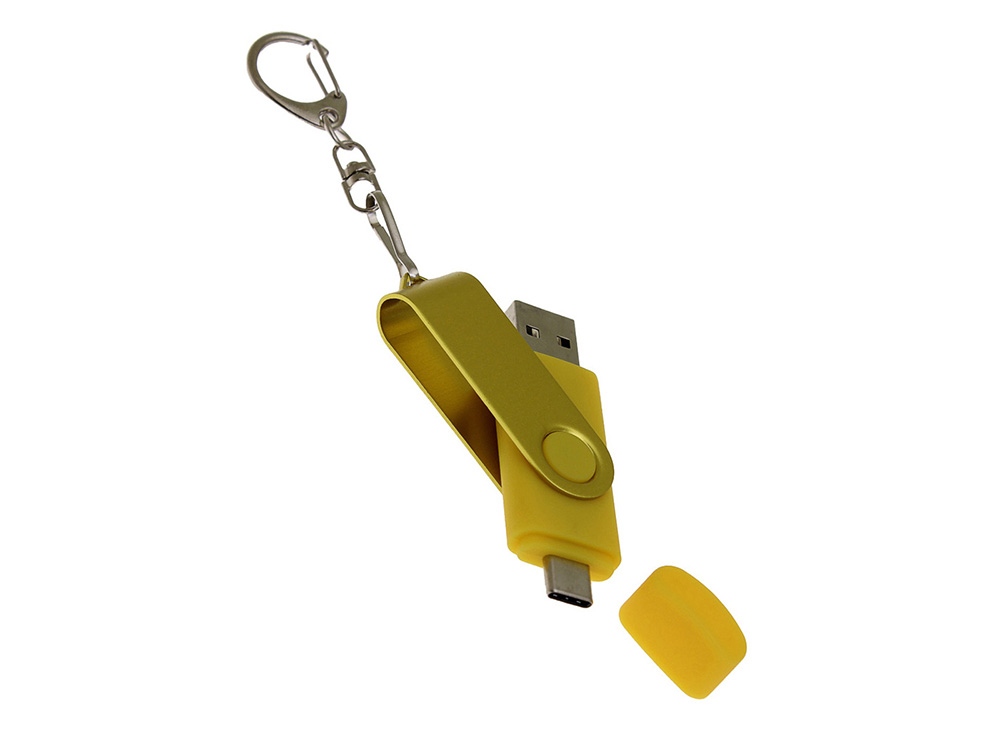 USB-флешка на 128 Гб 2 в 1 поворотный механизм, c дополнительным разъемом Type-C с одноцветным металлическим клипом, желтый-3