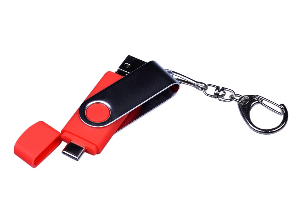 USB-флешка на 64 ГБ поворотный механизм, c двумя дополнительными разъемами MicroUSB и TypeC, красный-3