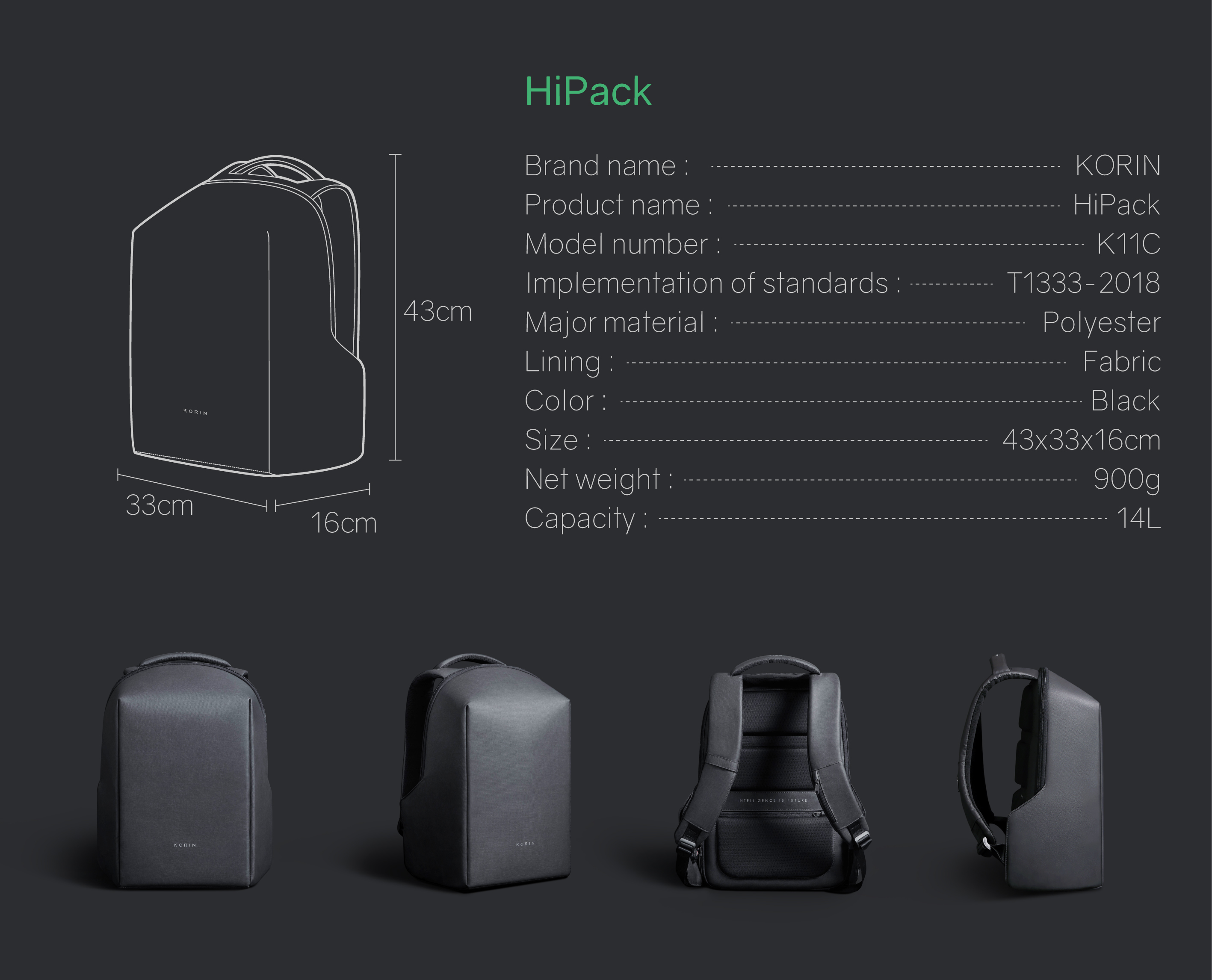 Рюкзак HiPack 43х33х16 см, черный-43