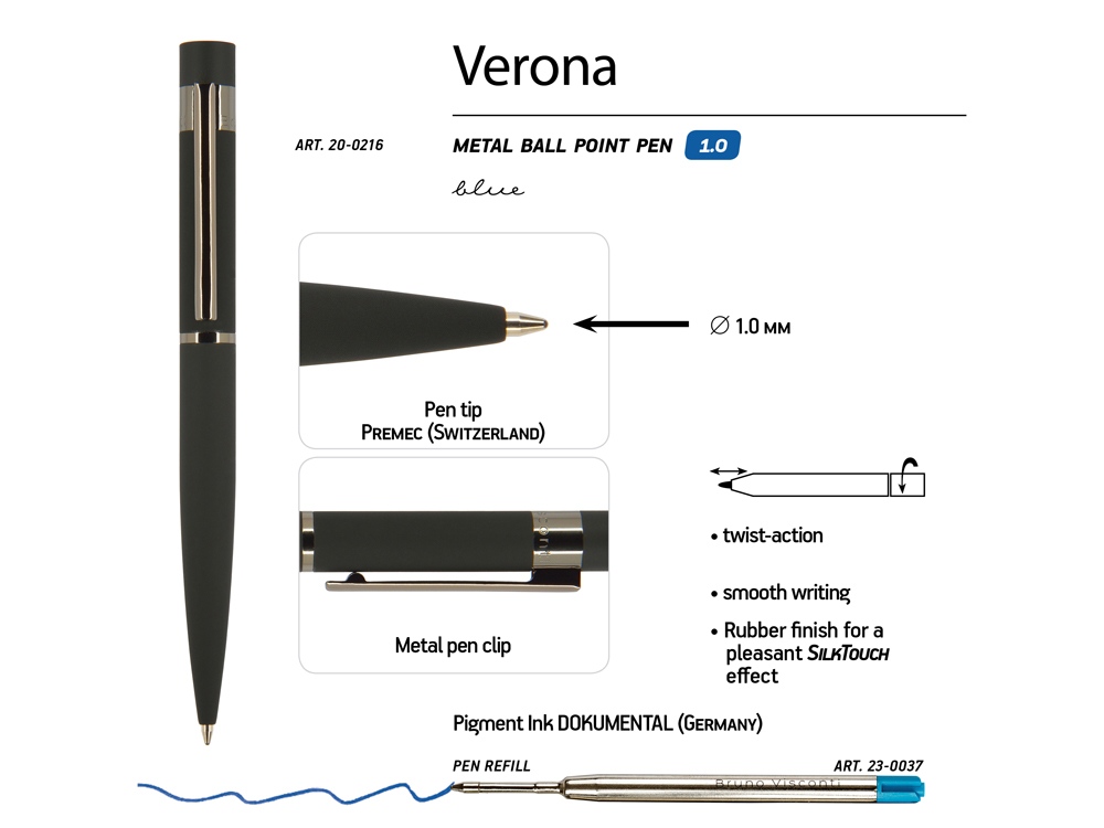 Ручка шариковая автоматическая BrunoVisconti VERONA цвет корпуса черный, soft-touch, 1 мм, синяя-2