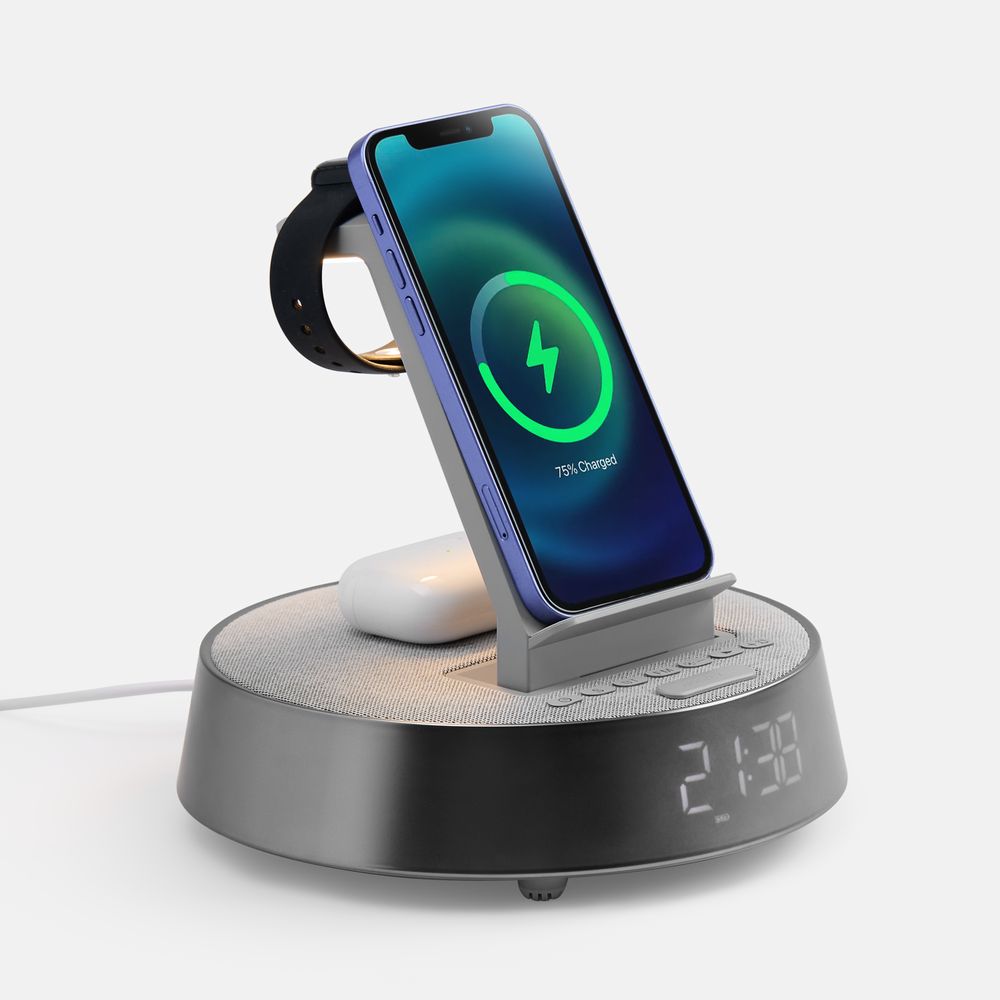 Bluetooth-колонка с беспроводной зарядкой и часами netEnergy, серая-1