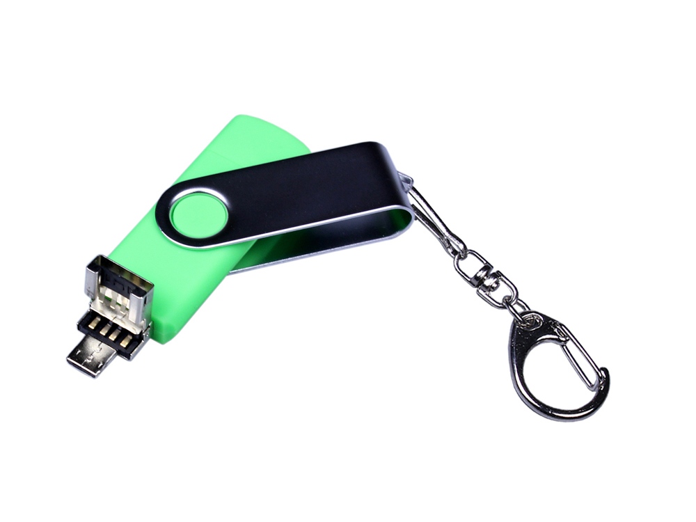 USB-флешка на 32 Гб поворотный механизм, c двумя дополнительными разъемами MicroUSB и TypeC, зеленый-2