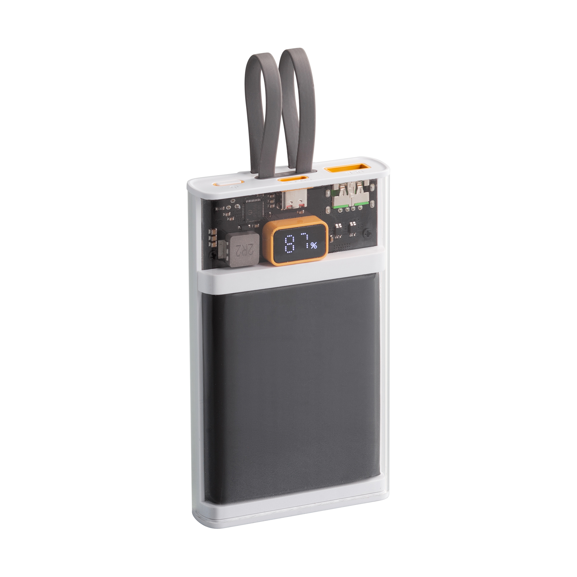 Зарядное (22.5W) устройство "Link" 10000 mAh с прозрачным корпусом, цифровым индикатором заряда и встроенными Type-C/Lightning кабелями-0