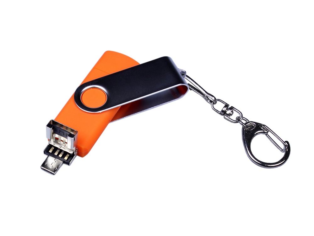 USB-флешка на 16 Гб поворотный механизм, c двумя дополнительными разъемами MicroUSB и TypeC, оранжевый-2