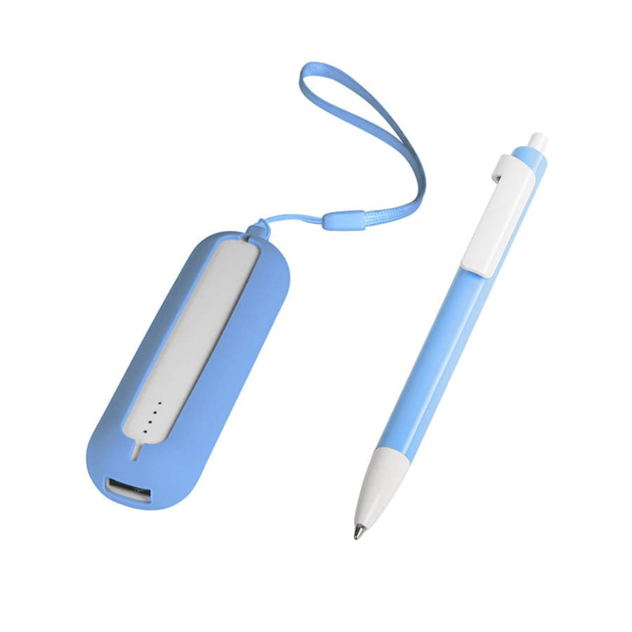 Набор SEASHELL-1: универсальное зарядное устройство (2000 mAh) и ручка в подарочной коробке, голубой, белый-3