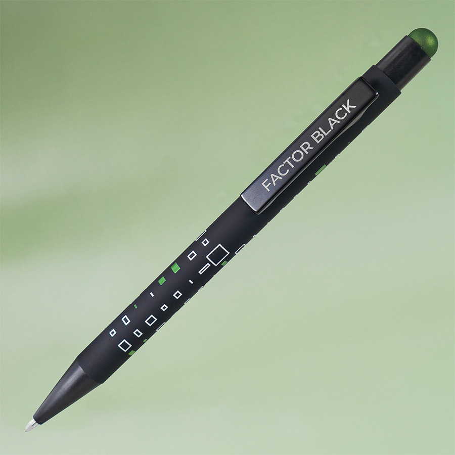 Ручка шариковая FACTOR BLACK со стилусом, черный, зеленый-2