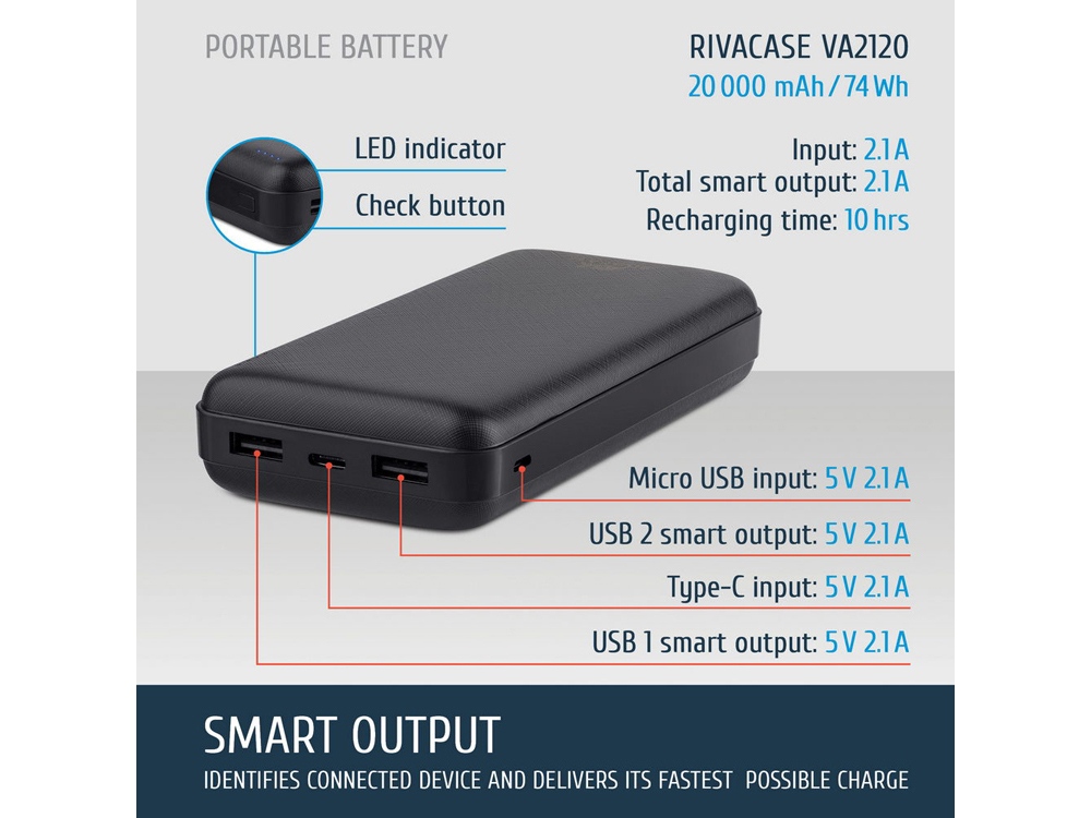 RIVACASE VA2120 (20000mAh), внешний аккумулятор /24-16