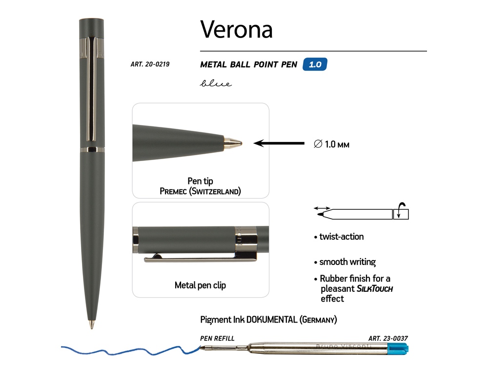 Ручка шариковая автоматическая BrunoVisconti VERONA цвет корпуса серый, soft-touch, 1 мм, синяя-1