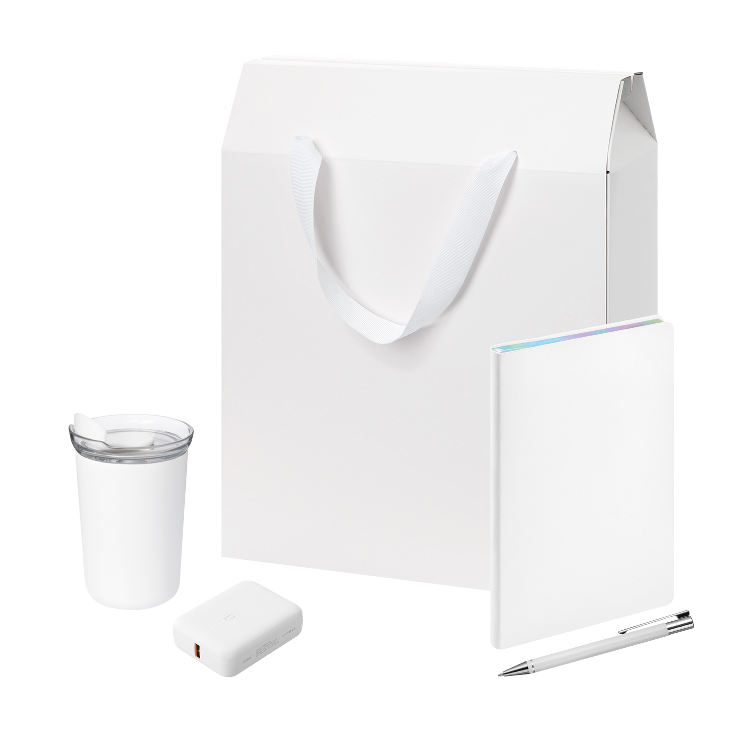 Подарочный набор Велком Пак (Welcome Pack), белый (термокружка, ежедневник, ручка, ЗУ, коробка-пакет)-0
