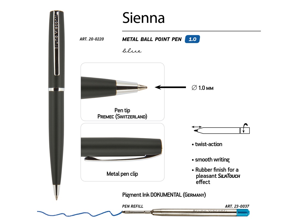 Ручка Sienna шариковая  автоматическая, черный металлический корпус soft-touch, 1.0 мм, синяя-2