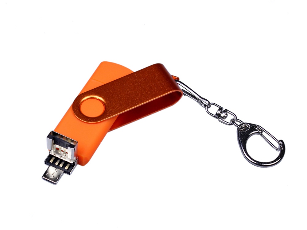 USB-флешка на 32 Гб 3 в 1 поворотный механизм, c двумя дополнительными разъемами MicroUSB и TypeC C с одноцветным металлическим клипом, оранжевый-2