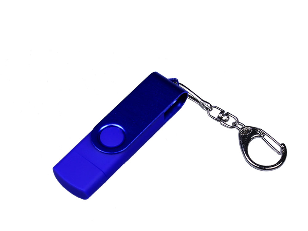 USB-флешка на 16 Гб 3 в 1 поворотный механизм, c двумя дополнительными разъемами MicroUSB и TypeC C с одноцветным металлическим клипом, синий-0