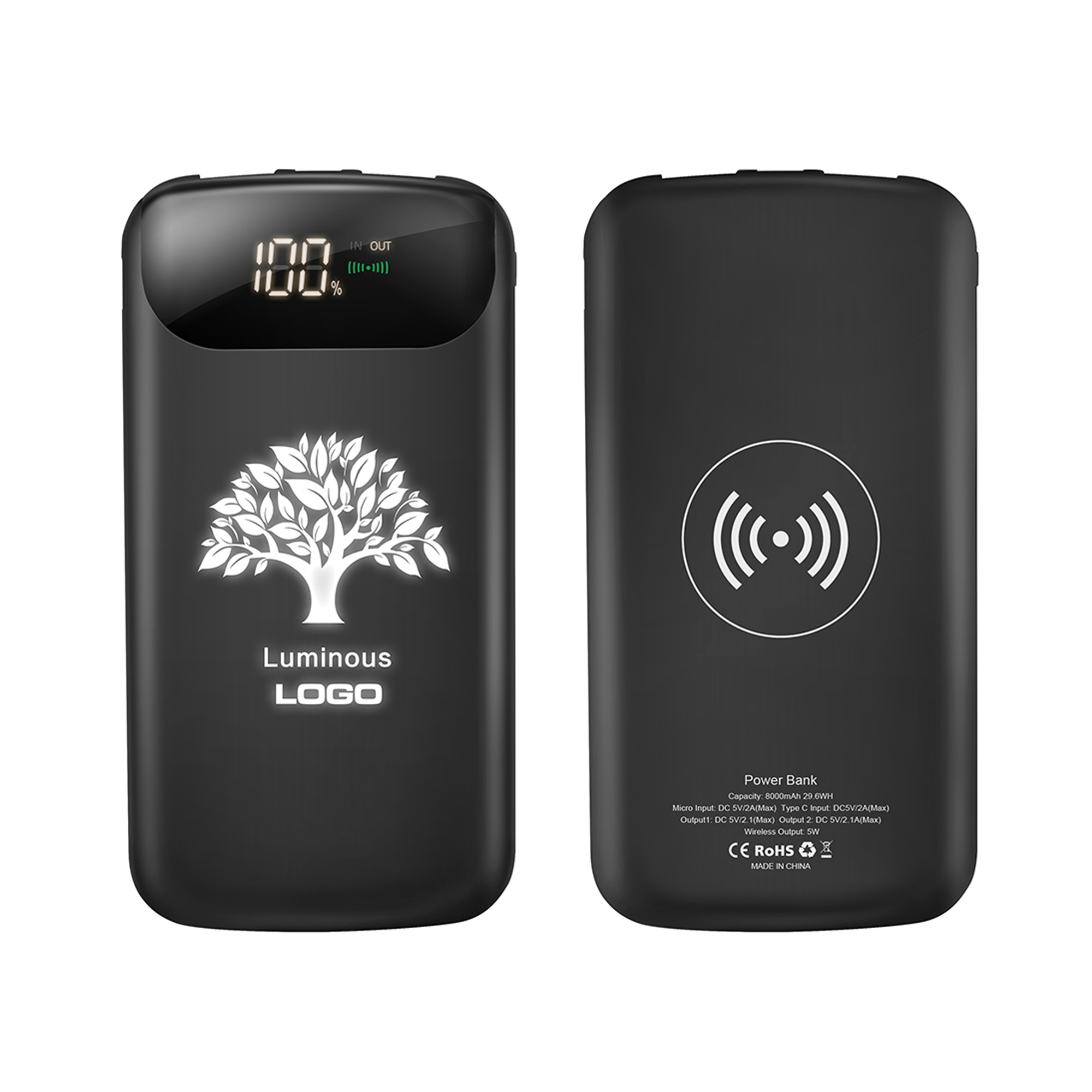 Беспроводное зарядное устройство "Shine SOFTTOUCH", 8000 mAh с подсветкой логотипа и цифровым индикатором заряда-2