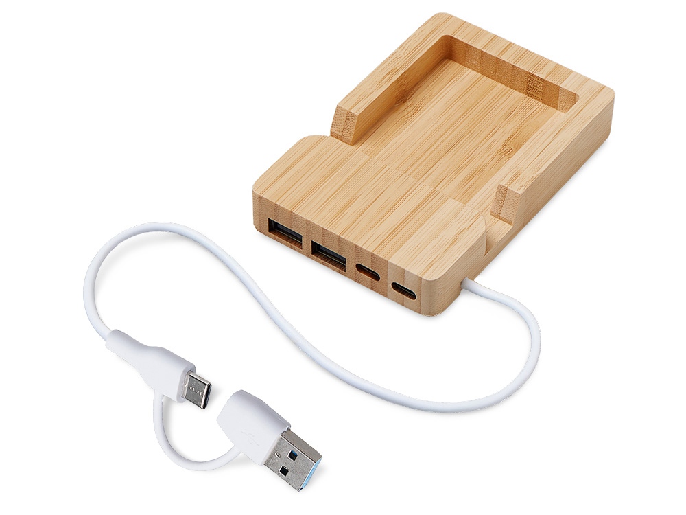 USB хаб Memo, 2*USB, 2*Type C, бамбук-0