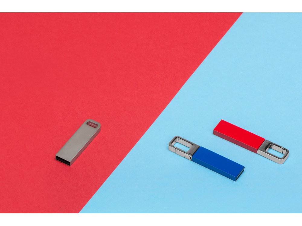 Флеш-карта USB 2.0 16 Gb с карабином Hook, красный/серебристый-2