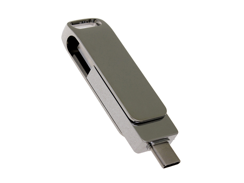 USB 3.0- флешка на 256 Гб поворотный механизм 2 в 1, c дополнительным разъемом Type-C с одноцветным металлическим клипом, серебристый-1