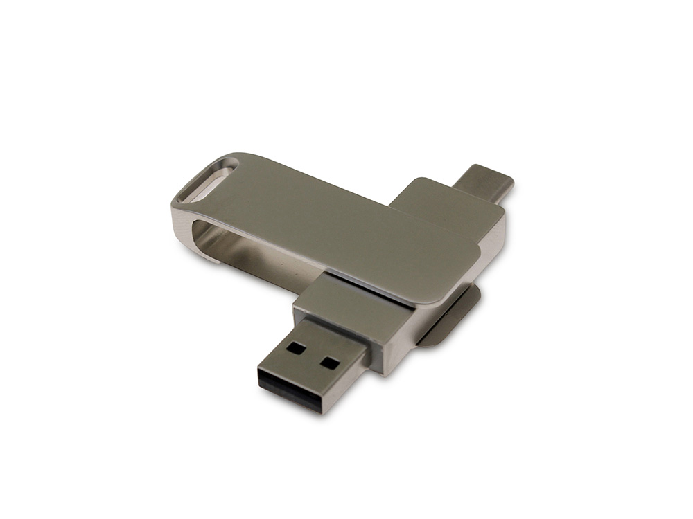 USB 2.0- флешка на 64 Гб поворотный механизм 2 в 1, c дополнительным разъемом Type-C с одноцветным металлическим клипом, серый-0