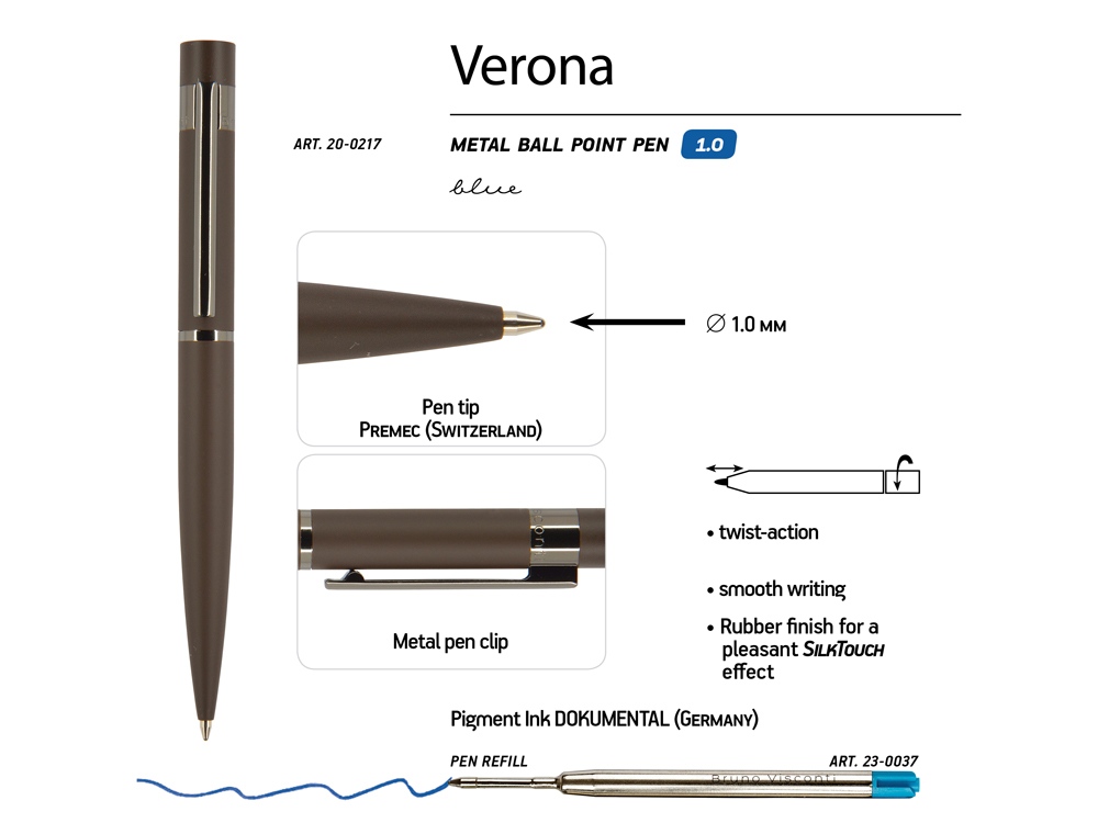 Ручка шариковая автоматическая BrunoVisconti VERONA цвет корпуса коричневый, soft-touch, 1 мм, синяя-2