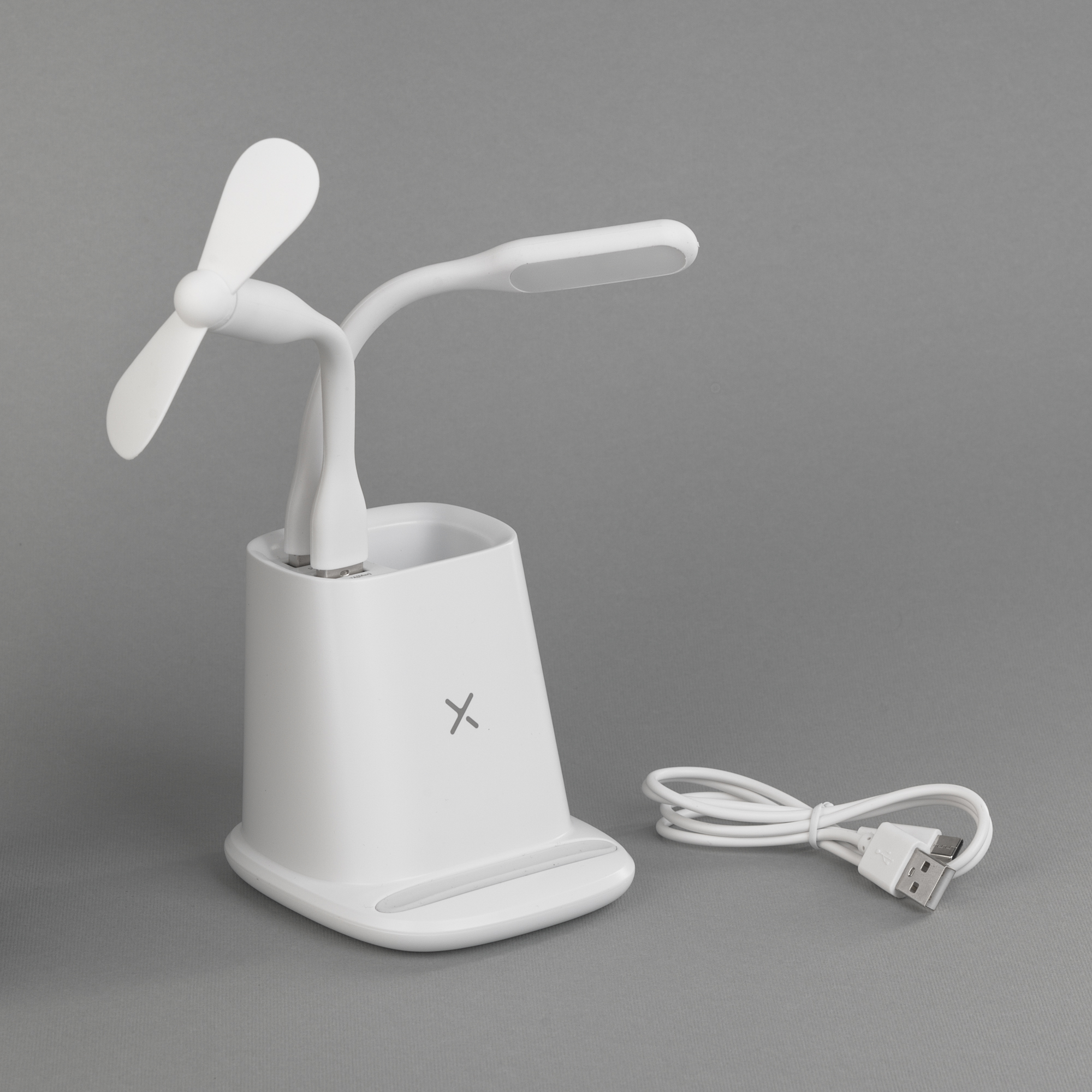Карандашница "Smart Stand" с беспроводным зарядным устройством, вентилятором и лампой (2USB разъёма)-0