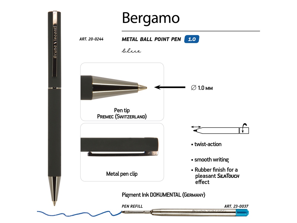 Ручка Bergamo шариковая автоматическая, черный металлический корпус, 0.7 мм, синяя-2