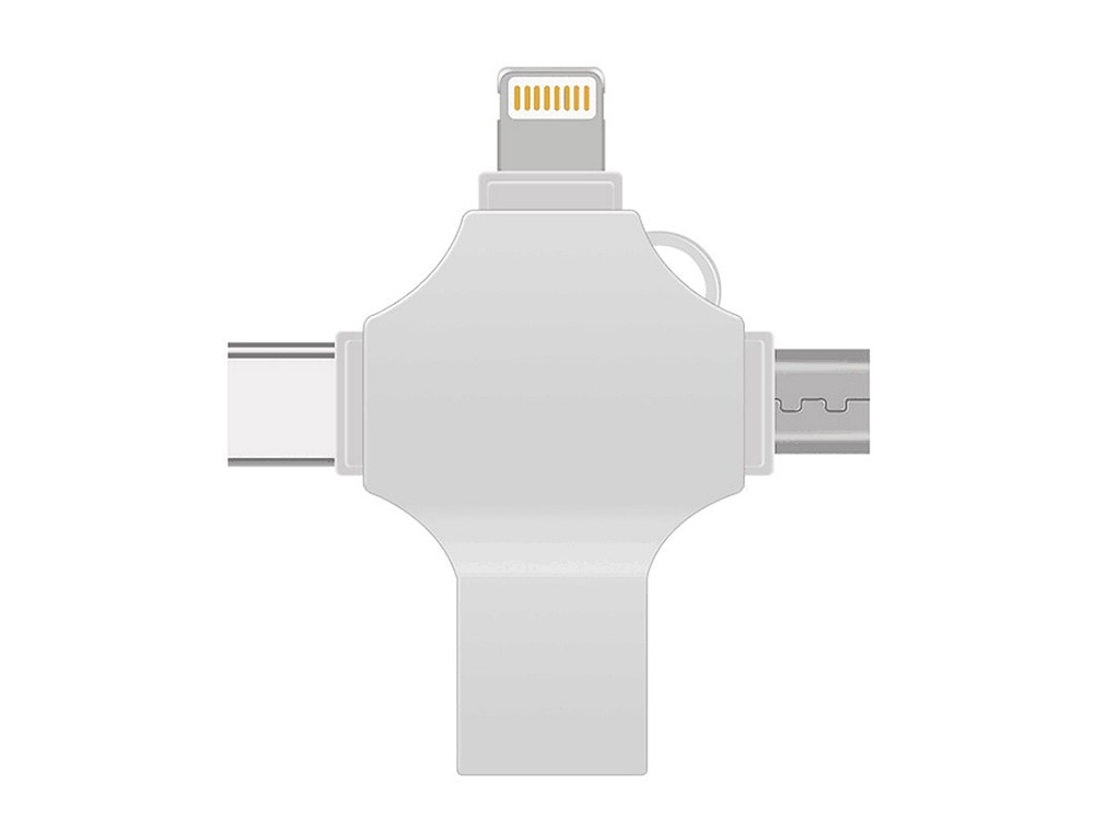 USB-флешка на 128 Гб 4 в 1 поворотный механизм, c дополнительными разъемами MicroUSB, TypeC и Lightning, серебристый-2