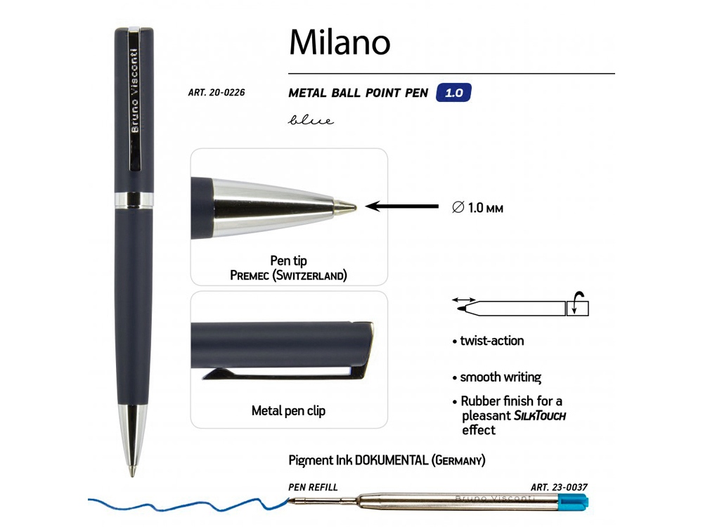 Ручка шариковая автоматическая BrunoVisconti® MILANO цвет корпуса синий, 1 мм-2