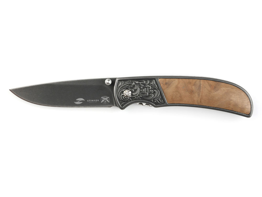 Нож складной Stinger, 71 мм, (чёрный), материал рукояти: сталь/дерево (коричневый)-0