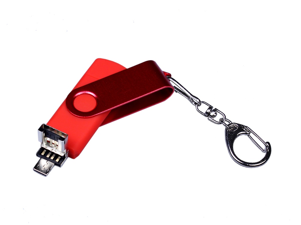USB-флешка на 64 ГБ 3 в 1 поворотный механизм, c двумя дополнительными разъемами MicroUSB и TypeC C с одноцветным металлическим клипом, красный-2