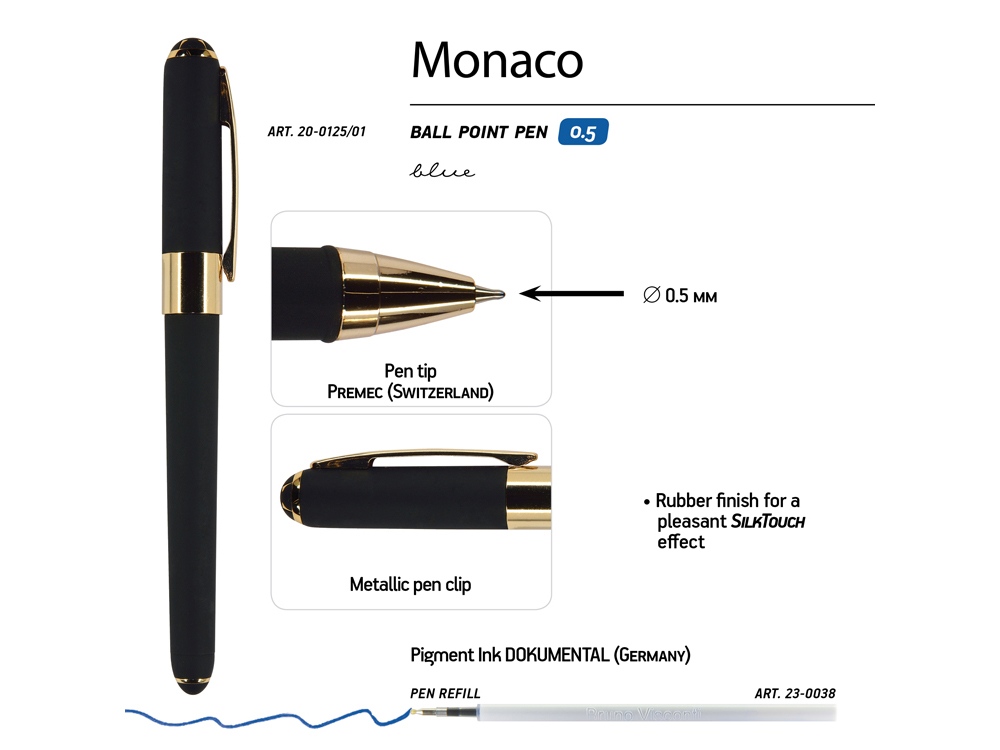 Ручка пластиковая шариковая Monaco, 0,5мм, синие чернила, черный-2