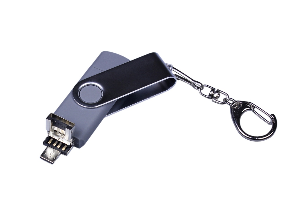 USB-флешка на 64 ГБ поворотный механизм, c двумя дополнительными разъемами MicroUSB и TypeC, серебро-2