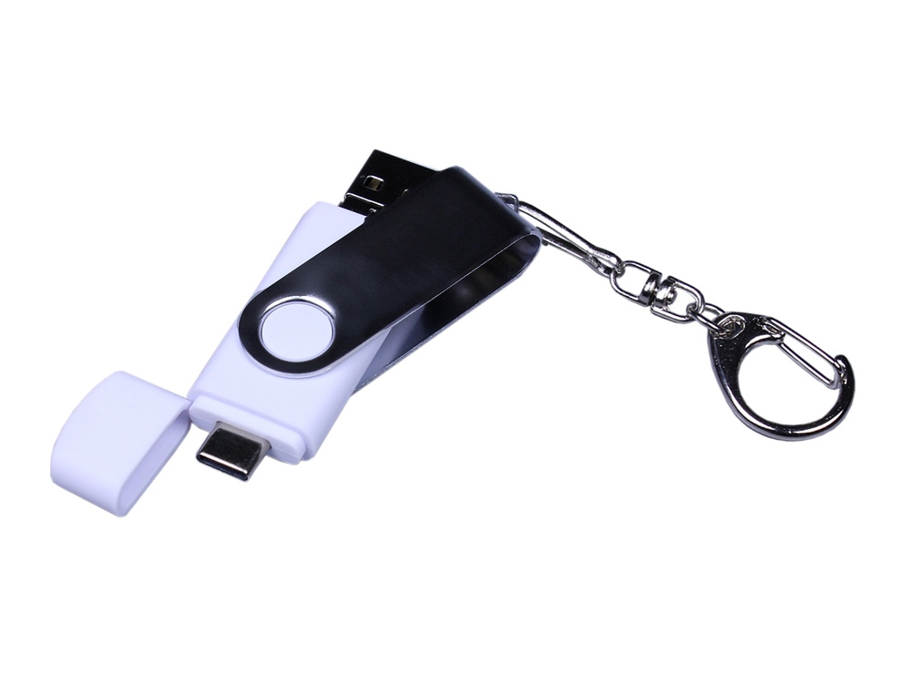 USB-флешка на 32 Гб поворотный механизм, c двумя дополнительными разъемами MicroUSB и TypeC, белый-3