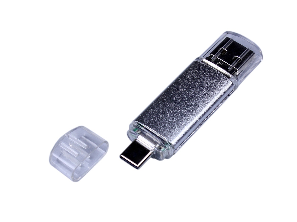 USB-флешка на 64 ГБ c двумя дополнительными разъемами MicroUSB и TypeC, серебро-3