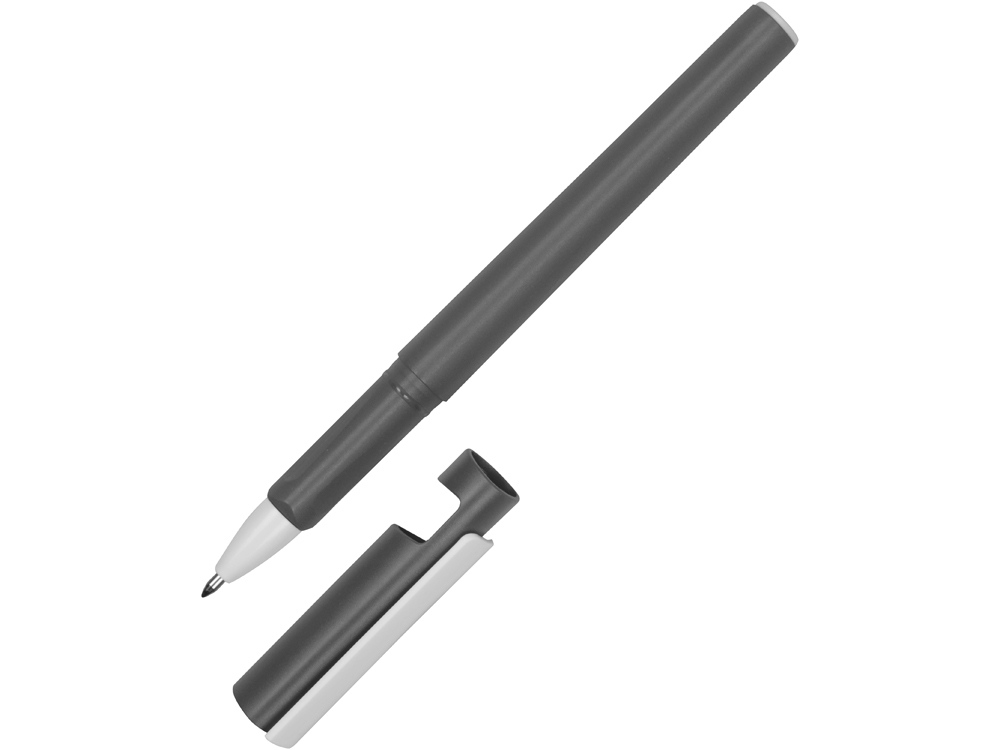Ручка пластиковая шариковая трехгранная Nook с подставкой для телефона в колпачке, серый/белый-4