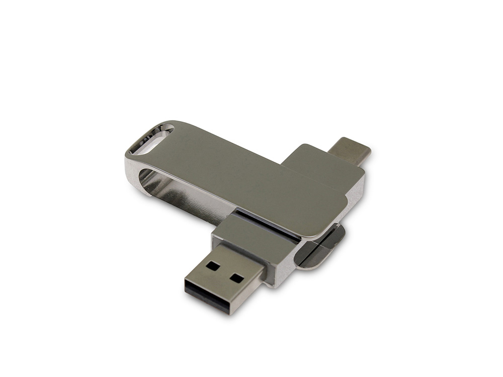 USB 3.0- флешка на 64 Гб поворотный механизм 2 в 1, c дополнительным разъемом Type-C с одноцветным металлическим клипом, серебристый-0