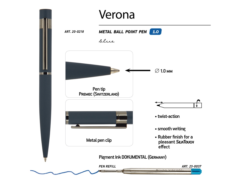 Ручка шариковая автоматическая BrunoVisconti VERONA цвет корпуса синий, soft-touch, 1 мм, синяя-2