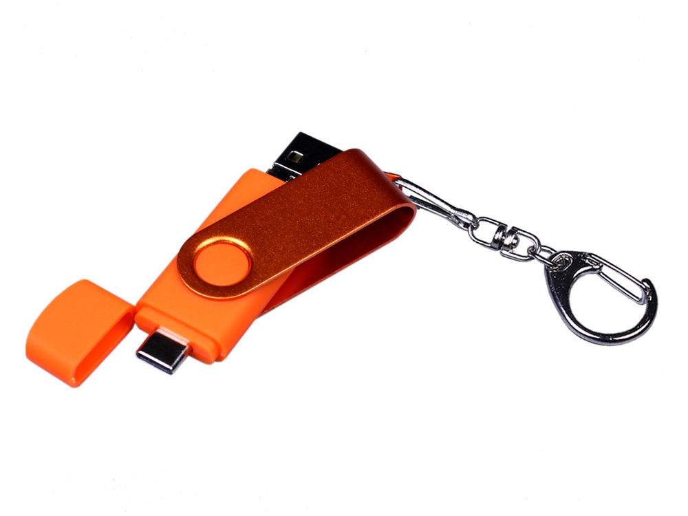 USB-флешка на 64 ГБ 3 в 1 поворотный механизм, c двумя дополнительными разъемами MicroUSB и TypeC C с одноцветным металлическим клипом, оранжевый-3