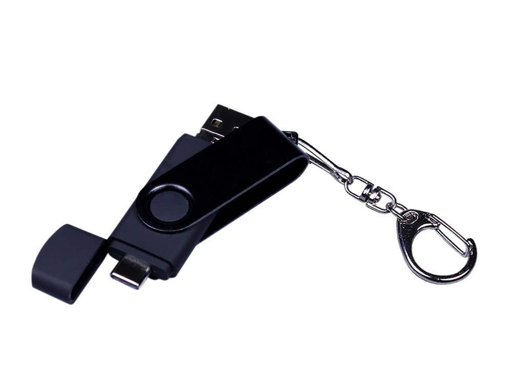 USB-флешка на 16 Гб 3 в 1 поворотный механизм, c двумя дополнительными разъемами MicroUSB и TypeC C с одноцветным металлическим клипом, черный-3