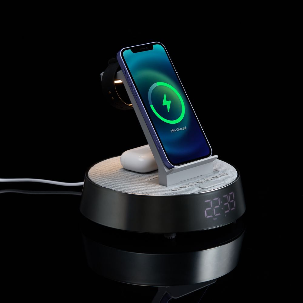 Bluetooth-колонка с беспроводной зарядкой и часами netEnergy, серая-10