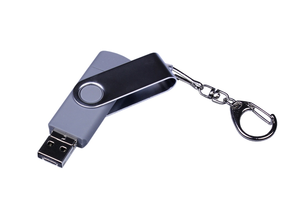 USB-флешка на 64 ГБ поворотный механизм, c двумя дополнительными разъемами MicroUSB и TypeC, серебро-1