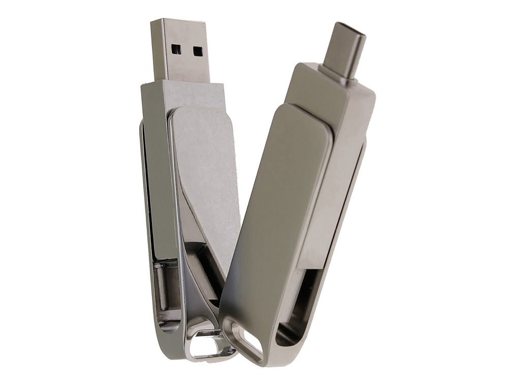 USB 3.0- флешка на 64 Гб поворотный механизм 2 в 1, c дополнительным разъемом Type-C с одноцветным металлическим клипом, серый-4